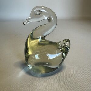 Vintage Art Glass Swan Figurine Solid Clear Green Hand Blown Paperweight Decor
